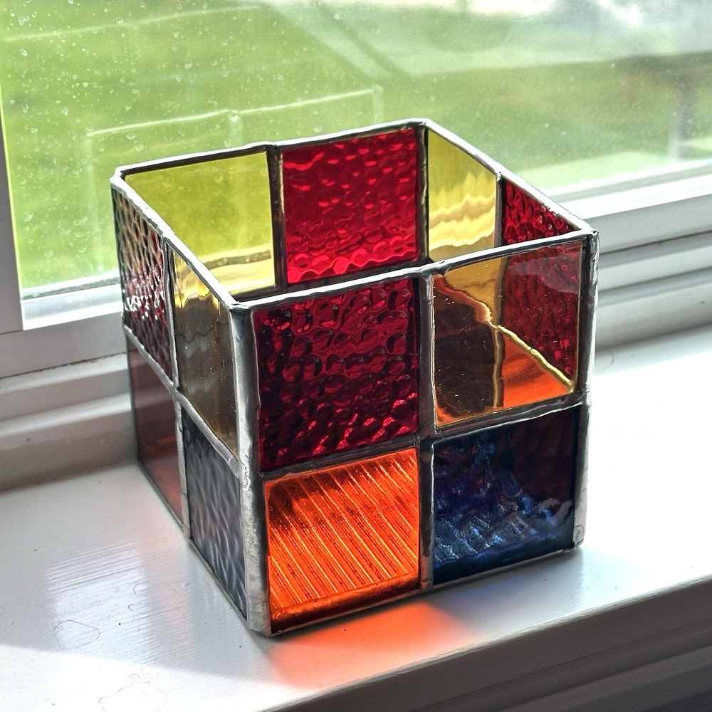 Vintage Stained Glass Votive Candle Holder Multicolor Cube Tea Light 4.5"